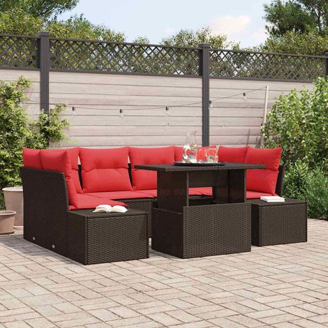 vidaXL Sofa Set mit Kissen 7 pcs Braun und Rot Poly-Rattan (1/5)