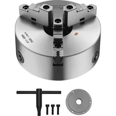 Mandrin à 3 mors auto-centrant, 200 mm (8 pouces), avec plaque adaptatrice filetée 2 1/4" x 8, plage de serrage 4-200 mm, vis à T, matériau HT300, pour tour à bois et métal. (1/5)