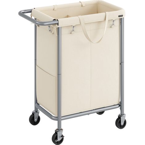 SONGMICS Panier à Linge sur Roulettes, 2 Compartiments, Corbeille à Linge, 140L, Doublure Amovible, Cadre en Acier avec Poignée, Grand Volume, 69 x 39 x 81 cm, Blanc Crème (1/5)
