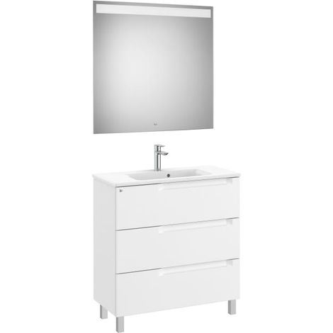 MUEBLE LAVABO 800MM ALEYDA CON PATAS COMPACTO 3 CAJONES + ESPEJO BLANCO MATE