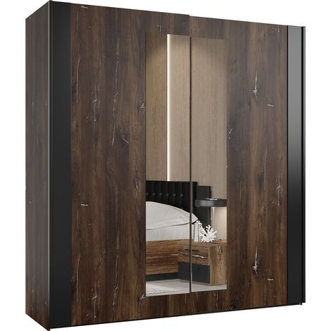 Armario Felelie 100, Roble Flagstaf oscuro + Plata, 213x200x64cm, Puertas de armario: Correderas, Número de estantes: 2