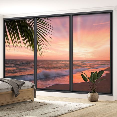 Papier peint panoramique Trompe l'oeil baie vitrée - Vue mer - 130 cm x 78 cm (1/5)
