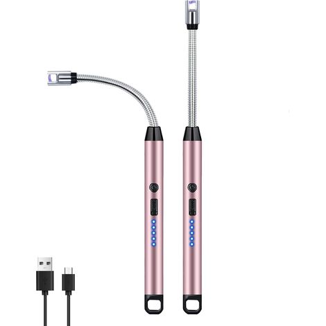 Lot de 2 briquets électriques coupe-vent sans flamme avec col flexible à 360° et affichage LED pour foyers de camping et barbecues, rose. (1/5)