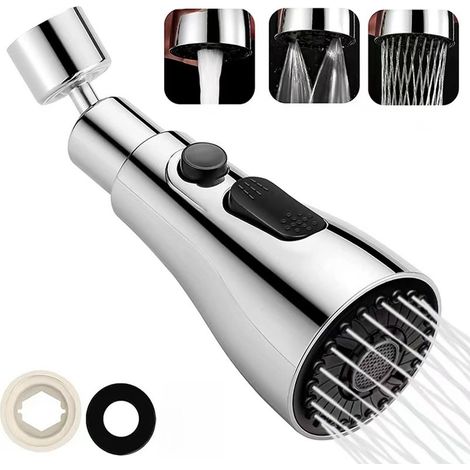 Pommeau robinet cuisine 360° - 3 positions - Économie d'eau - Rallonge flexible - Argent (1/5)