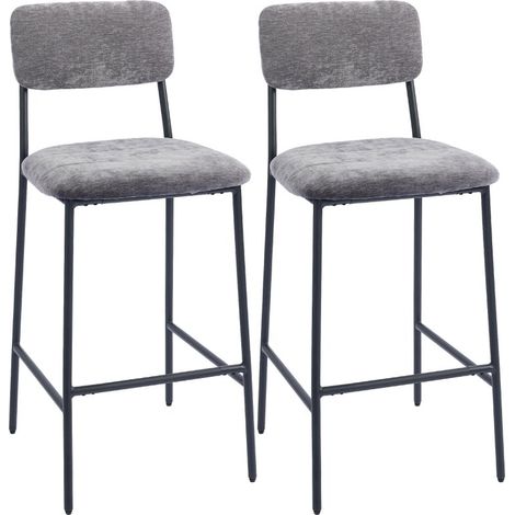 Lot de 2 tabourets de bar rembourrés en tissu et acier. Pour plan de cuisine et bar, avec dossier et repose-pieds, couleur grise (1/4)