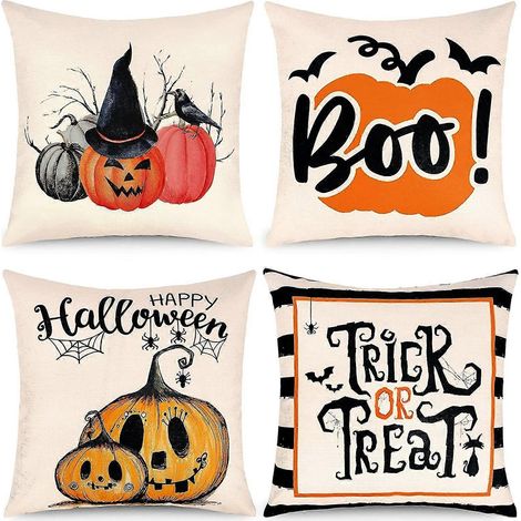 Lot de 4 housses de coussin en lin pour Halloween, motif citrouille, 45 x 45 cm (18 x 18 pouces), décoration pour la maison ou la ferme, thème citrouille et bonbons. (1/5)