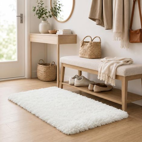Tapis Chambre Poil Long Blanc 50x180cm Doux Et Moelleux, Moderne Élégant, Dessous Antidérapant, Parfait Pour Salon Et Chambre Garçon/Fille (1/5)