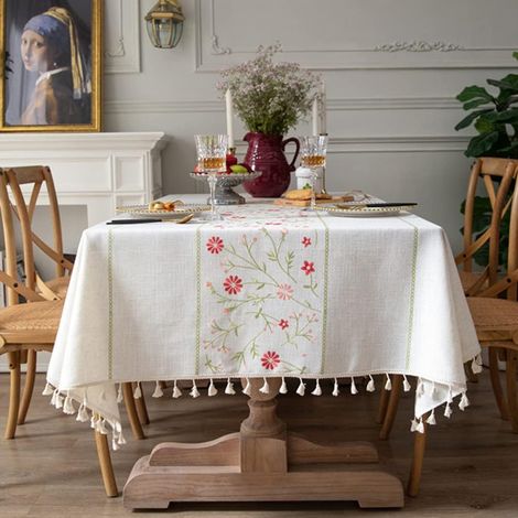 Mit Blumen bestickte Tischdecke, knitterfrei, dicke Tischdecke aus Baumwolle und Leinen, Tischdecke im Landhausstil, dekorativer Stoff, Quasten-Tischdecke, geeignet für den Innen- und Außenbereich (qu (1/5)