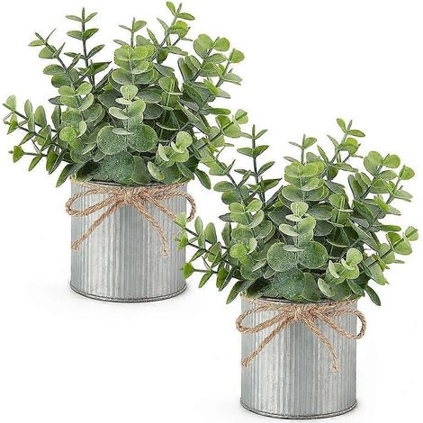 Lot de 2 petites plantes artificielles en pots galvanisés style ferme, centre de table, mini eucalyptus artificiels en pot (1/5)