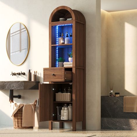 163 cm hoher freistehender Badezimmer-Hochschrank, bogenförmige Oberseite mit LED, wendbare Tür, Schublade, Magnetverschluss, Soft-Close-Scharniere, 40×30×163 cm, walnussfarben (1/5)