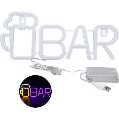 [LED Neon Sign] [Batteries Not Included] [USB ou Batterie] Enseigne Neon BAR Lumière LED Décoration Murale Blanche et Jaune PVC ABS 35.5x14.5cm Wedding Party Bureau Bar Lumineux 321g
