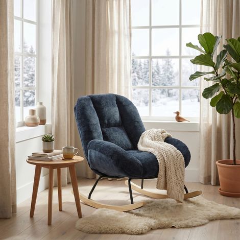 Meubles Cosy Lithops Fauteuil à bascule rocking chair scandinave en tissu chenille bleu marine avec pieds en bois de hêtre (1/5)