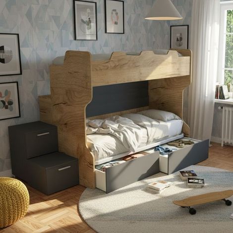 Letto a castello salvaspazio con scala a cassettoni e camminatoio - Quercia e basalto