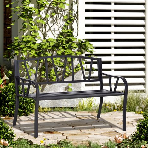 Banc de jardin en métal noir imperméable, banquette extérieure en fer 2 places, 128x56x86cm (1/5)