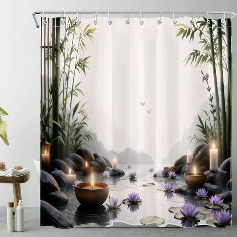 Spa Zen Rideaux de Douche 180x200cm Fleur Violette de forêt de Bambou Vert Rideaux de Bain avec Crochets,Paysage montagneux Extra Longue Imperméable Polyester Anti Moule Salle de Bain Décor (1/5)