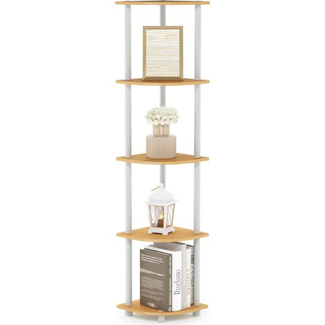 Étagère Polyvalente pour Présentoir d'Angle à 5 Niveaux, Hêtre et Blanc (1/5)