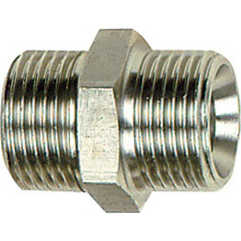 Riegler Doppelgewindenippel, G 3/8 a., G 1/2 a., SW 24, Edelstahl 1.4571 (1/3)