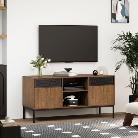 Meuble TV, Support Télé pour Téléviseur Jusqu’à 50 Pouces avec 2 Portes et Étagères Réglables, pour Salon Chambre, Industriel, L108 x H52.5 x P40 cm, Marron Rustique et Noir (1/5)