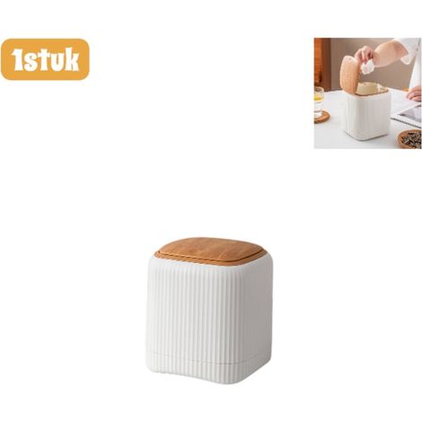 Mini poubelle à double compartiment avec couvercle et ouverture par pression style bois pour bureau cuisine chambre et salle de bain couleur blanche (1/5)