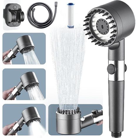 Pommeau de Douche Haute Pression, Douche Salle de Bain 4 Modes Réglable, Anti Calcaire Douchette Massant avec Stop Eau, Économie d&39Eau, (C) (1/5)