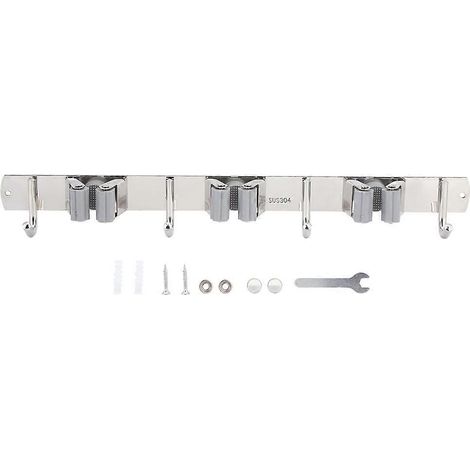 Porte-balai mural en acier inoxydable 304, support organiseur avec 4 crochets et 3 étagères, gris, fixation murale robuste pour serpillière et balai. (1/5)