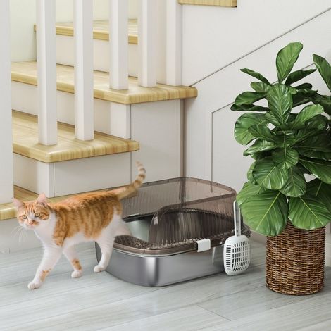 Arenero para gato de acero inoxidable, borde alto, con pala, 53 x 42 x 27 cm, gris carbón DESVIAE (1/5)
