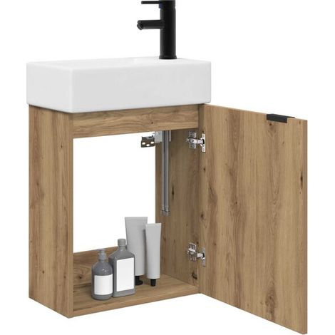Meuble de Salle de Bain en Chêne Massif avec Robinet Intégré - Vasque Moderne et Élégante pour WC (1/5)
