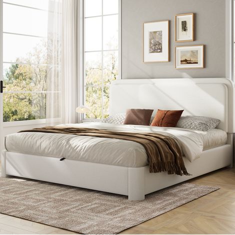 Lit coffre 160x200 cm avec sommier, tête de lit réglable, en tissu, blanc, sans matelas (1/5)