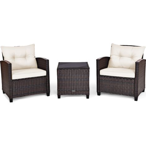 3 Pieces Patio Rattan Furniture Set Cushioned Conversation Set Coffee Table-White (1/5)