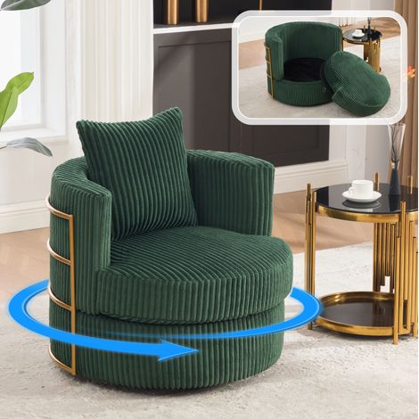 Poltrona girevole a 360° in velluto a coste con vano portaoggetti, braccioli imbottiti in schiuma ad alta densità, stile moderno, verde (1/5)