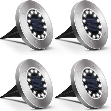Lot de 4 lampes solaires de jardin blanches à 12 LED, étanches, à encastrer dans le sol. (1/5)