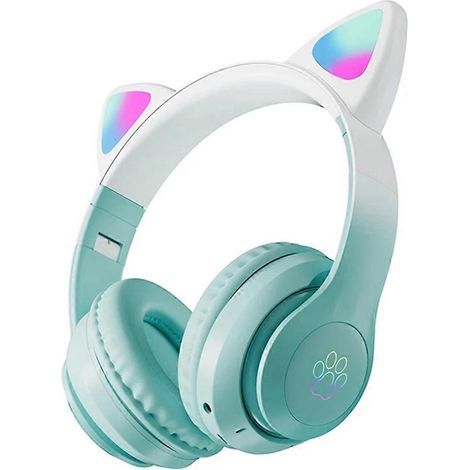 Casque sans fil à dégradé de couleurs chat mignon, lumière LED verte (comme sur la photo)