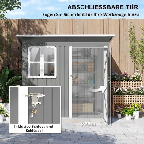Abri de jardin 2,55 m², cabanon à toit plat, 221 x 133 x 190/173 cm, remise avec porte verrouillable, fenêtre, garage à vélos, rangement extérieur en acier, pour cour et jardin, gris foncé (1/5)