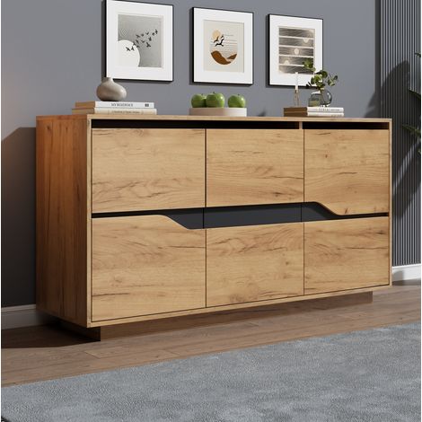 Sideboard 140 x 40 x 70 cm mit 3 Türen, verstellbaren Einlegeböden, Schwarz und Holz HAVRYA (1/5)