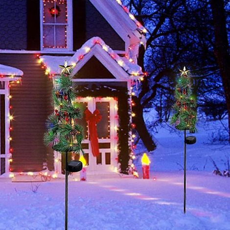 Lot de 2 décorations solaires pour sapin de Noël, piquet de jardin, aiguilles de pin et pommes de pin (1/4)