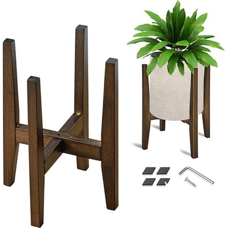 Plant Stand Indoor, Bamboo Plant Shelf, Adjustable Corne Plants Flower Holders Single Floor Plant Stand, Fits 9 to 14 Inches Pots,(Pot & Plant Not Included)(walnut) (1/5)