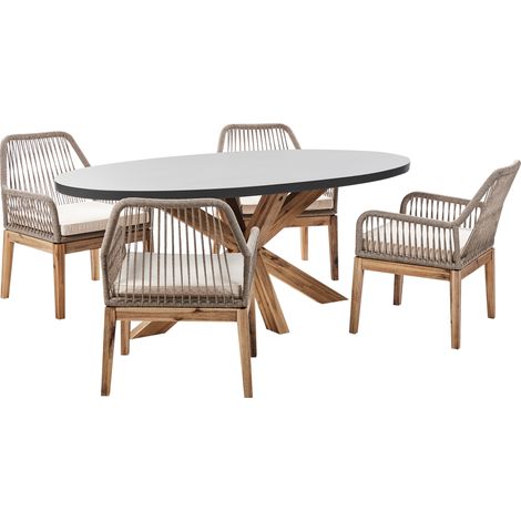 Conjunto de Mesa y sillas de jardín moderna de cemento con base de madera de acacia estilo industrial gris y beige madera clara Oristano/Olbia (1/5)