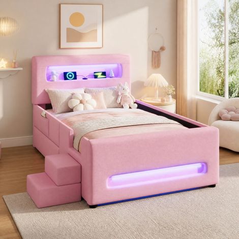MEUBLIV Letto 90x200 cm rosa con LED, cassetti, scala e vani portaoggetti, senza materasso (1/5)