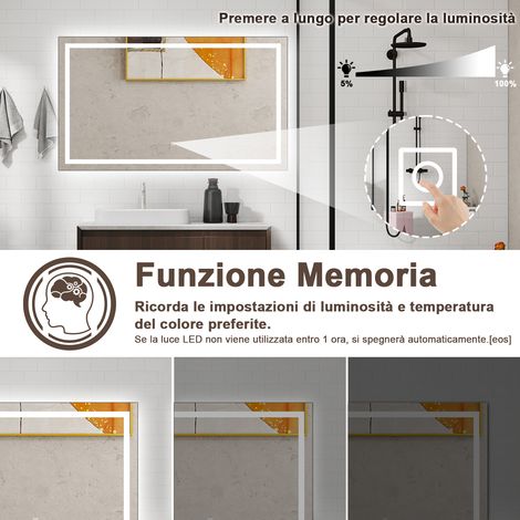 AICA Specchio da bagno rettangolare 120x80 cm con Luce LED,Antiappannamento, Luminosità Regolabile, Funzione Memoria, IP44