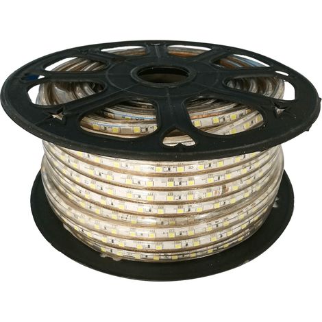 Ruban LED blanc haute tension 50 m, 10 mm, idéal pour l'éclairage décoratif et la signalisation dans les espaces intérieurs et extérieurs.