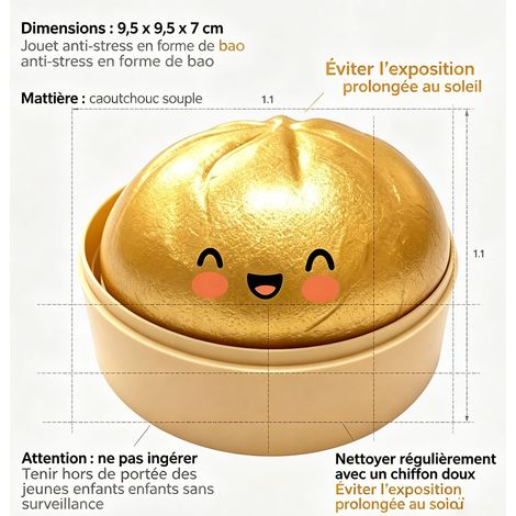 Boule anti-stress réaliste en forme de bao 9,5 cm, jouet à presser, décompression et relaxation, accessoire anti-anxiété - Doré (1/5)