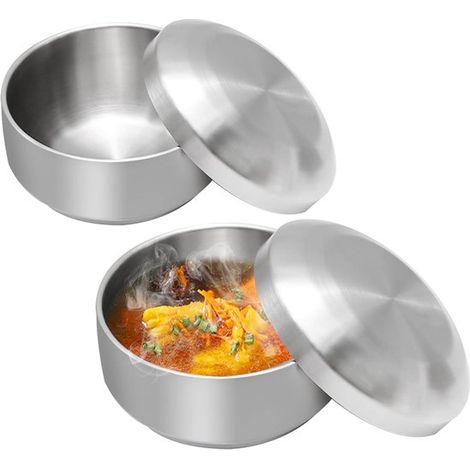 Confezione da 2 ciotole in acciaio inox a doppia parete da 450 ml, resistenti al calore e adatte al microonde, ideali per riso e zuppe (argento) (1/4)