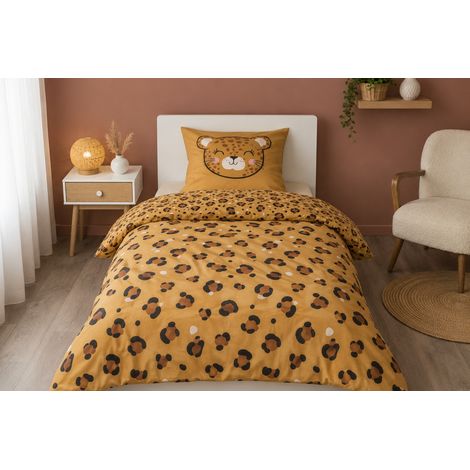 Parure de lit 140 x 200 cm Coton imprimé TIGRE – Housse de couette + 1 taie d’oreiller (1/5)