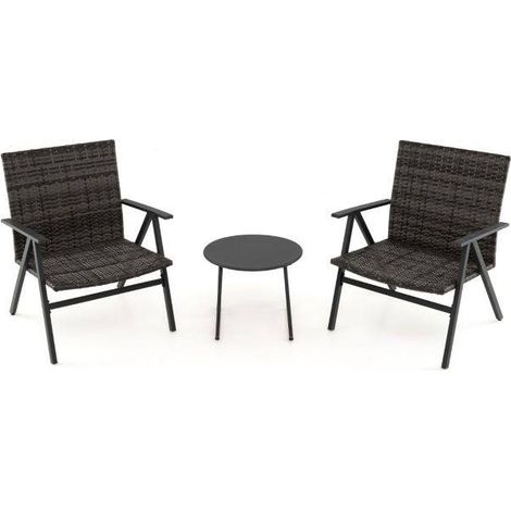 Salon bistrot de jardin gris 3 pièces avec fauteuils en métal et rotin, table ronde et assises larges pour balcon, terrasse (1/2)