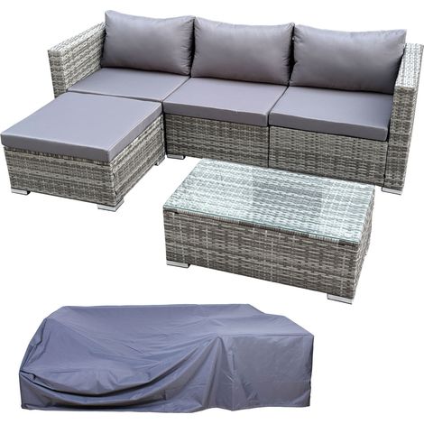 Svita – Ensemble de salon de jardin 5 pièces en polyrotin gris – 2 éléments d'angle 70x70cm – Table basse 80x45cm avec verre trempé – Coussins confort 8cm