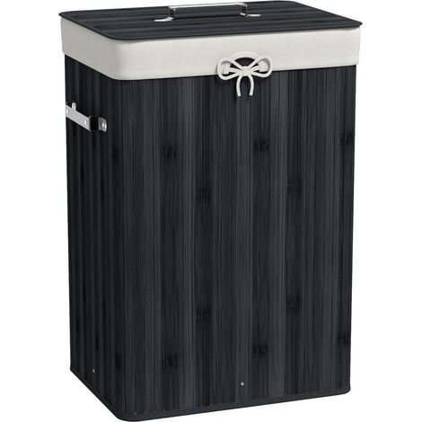 Panier à linge, boîte à linge, panier à linge avec couvercle, sac en toile, bambou, pliable, 72 L, noir, 40 x 30 x 60 cm (1/5)