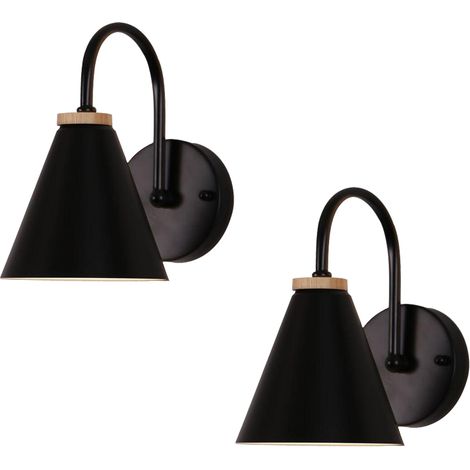 2 Piece Modern Wooden Wall Light E27 Retro Wall Sconce (Black) Minimalist Nordic Wall Lights For Living Room Bedroom Study Porch Corridor