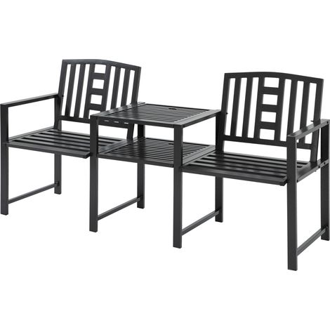 Panchina da giardino 2 posti con tavolino e foro per ombrellone 165x56x85.5cm nero