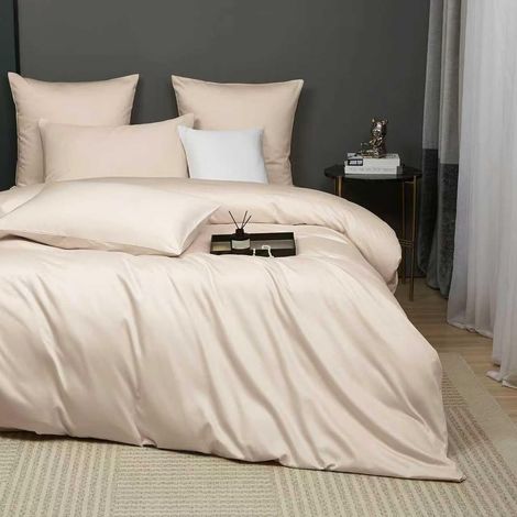 Housse de Couette Coton 220x240 Beige Satin de Coton Parure de Lit Doux Soyeux Respirant Lyocell Soie Linge de Lit 2 Personne avec Fermeture Éclair et Taies d'oreiller 65x65 cm (1/5)