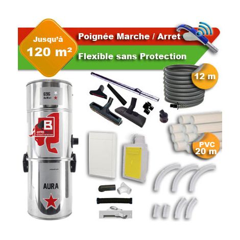 Aspiration centralisée avec sac OTTO BULL AURA 400 INOX garantie 2 ans + flexible rétractable 12 m + poignée marche/arrêt + 7 accessoires + kit 1 prise RETRAFLEX + kit prise balai (rayon d'action 120 (1/5)